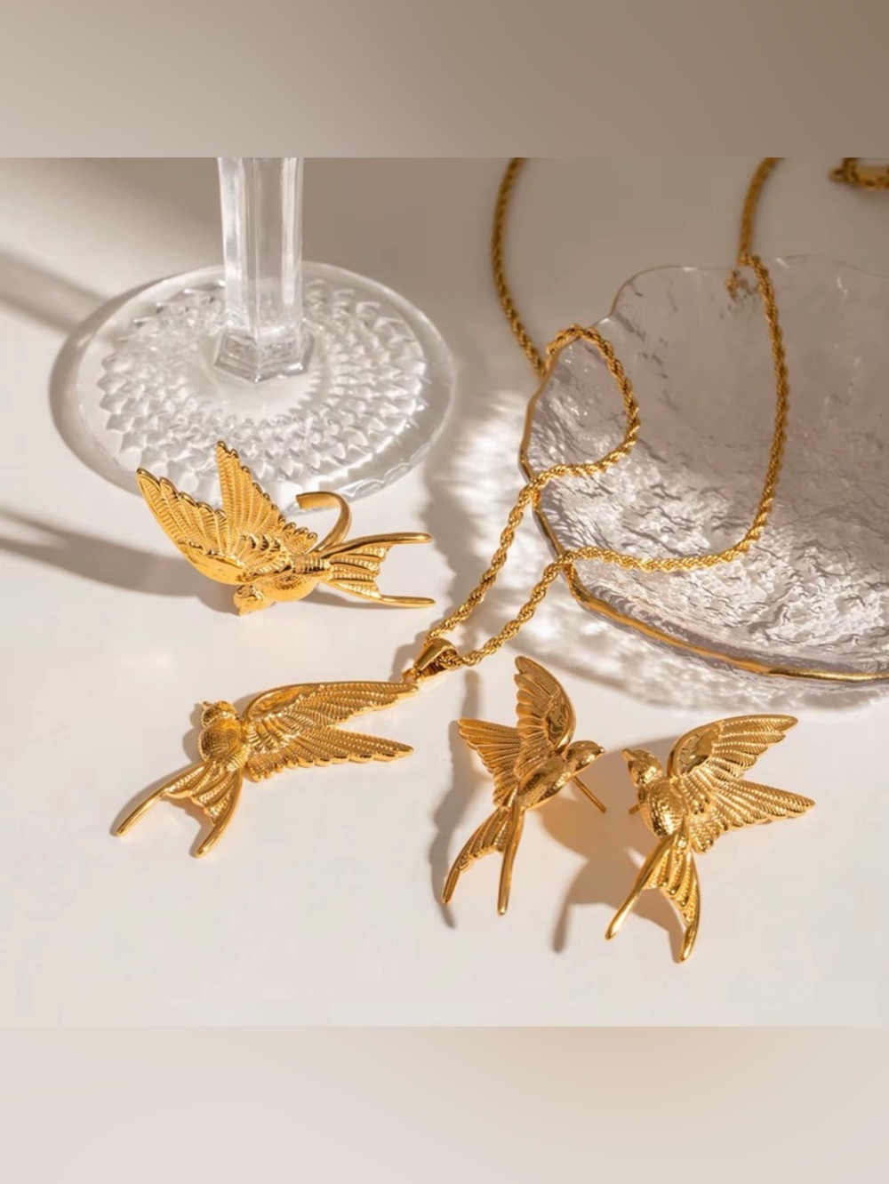 Bird Set Jewelry Gold Bird Pendant Necklace and Stud Earrings Set Dove Necklace - Picture 8 of 9